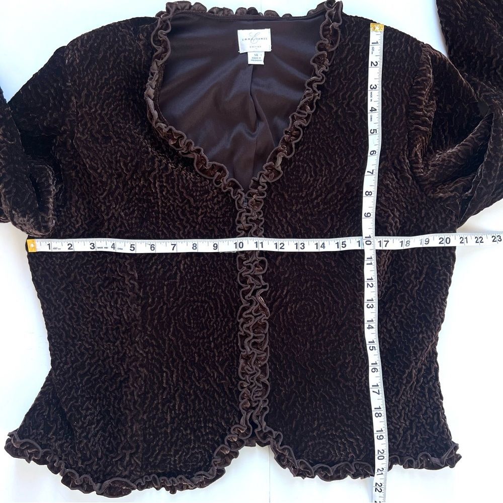 Emma James VTG-Inspired Textured Espresso Ruffle Open Front Blazer Jacket SZ 14 - Picture 10 of 15